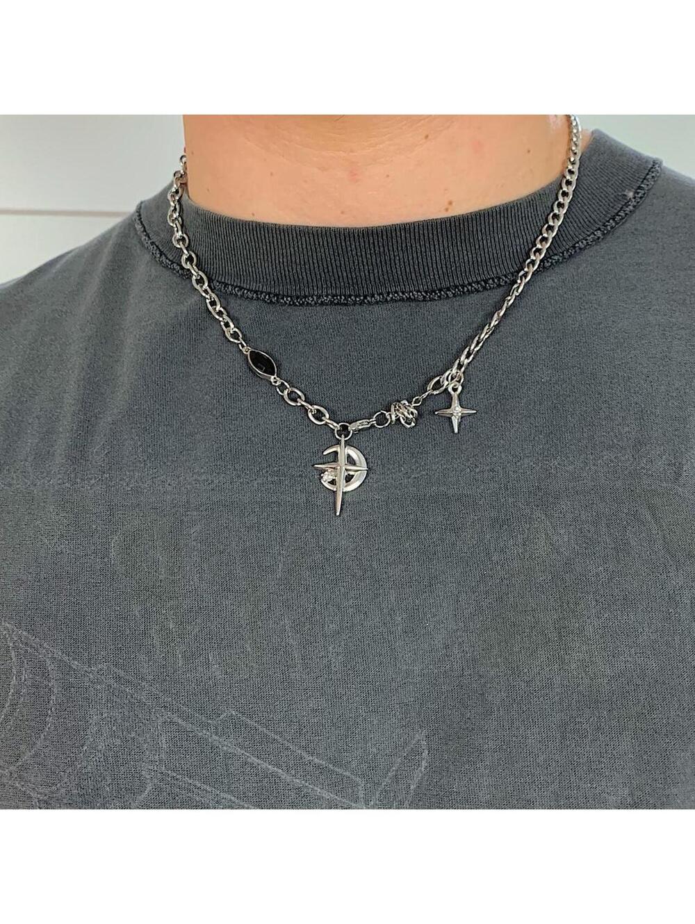 Cyber Y2k 2000s style punk grunge crystal cross and opal pendant necklace